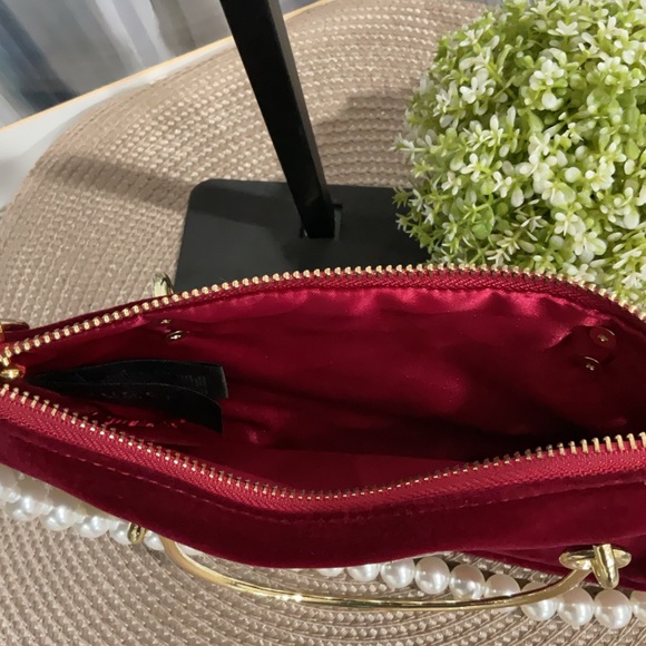 Rich Red Faux Velvet Bag with Pearl Handle - Picture 12 of 12